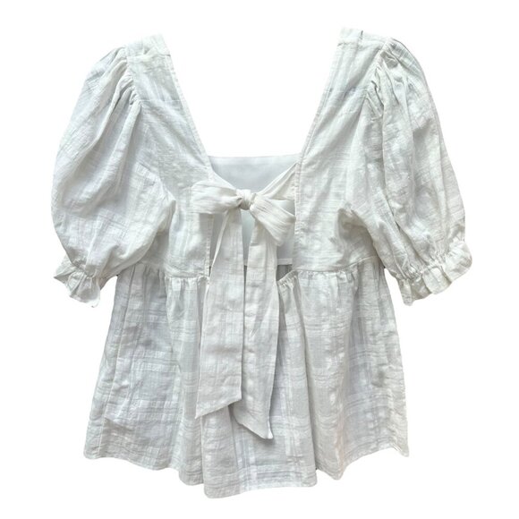 Grace White Cotton Babydoll Top Puff Sleeve Back Bow Tie Cottagecore Beachy LG‎ - Picture 3 of 6